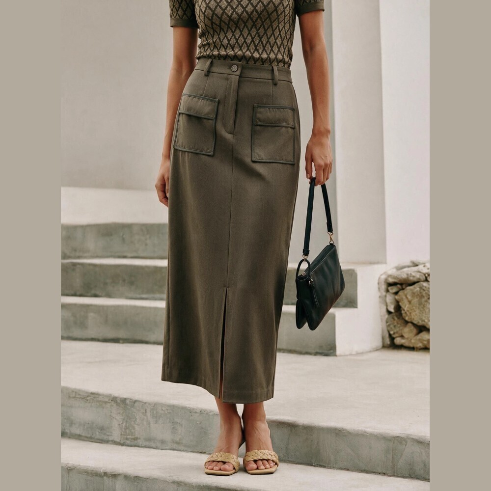 Olive Green Flap Pocket Front Slit Maxi Skirt